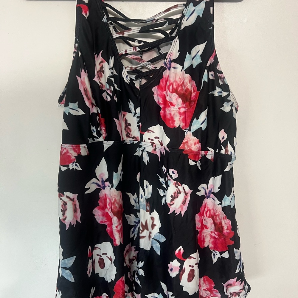Rosegal‎ Black White floral Tankini Swimsuit Swimwear Shorts Womens Size 1X